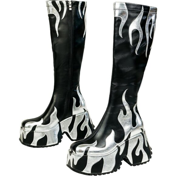 Women’s Synthetic Black Side Zipper High Heeled Flames Printing Chunky Sole Boot - Picture 2 of 6